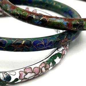 Vintage Chinese Cloisonne Enamel Bracelet Lot of 3 Floral Brass Bangles